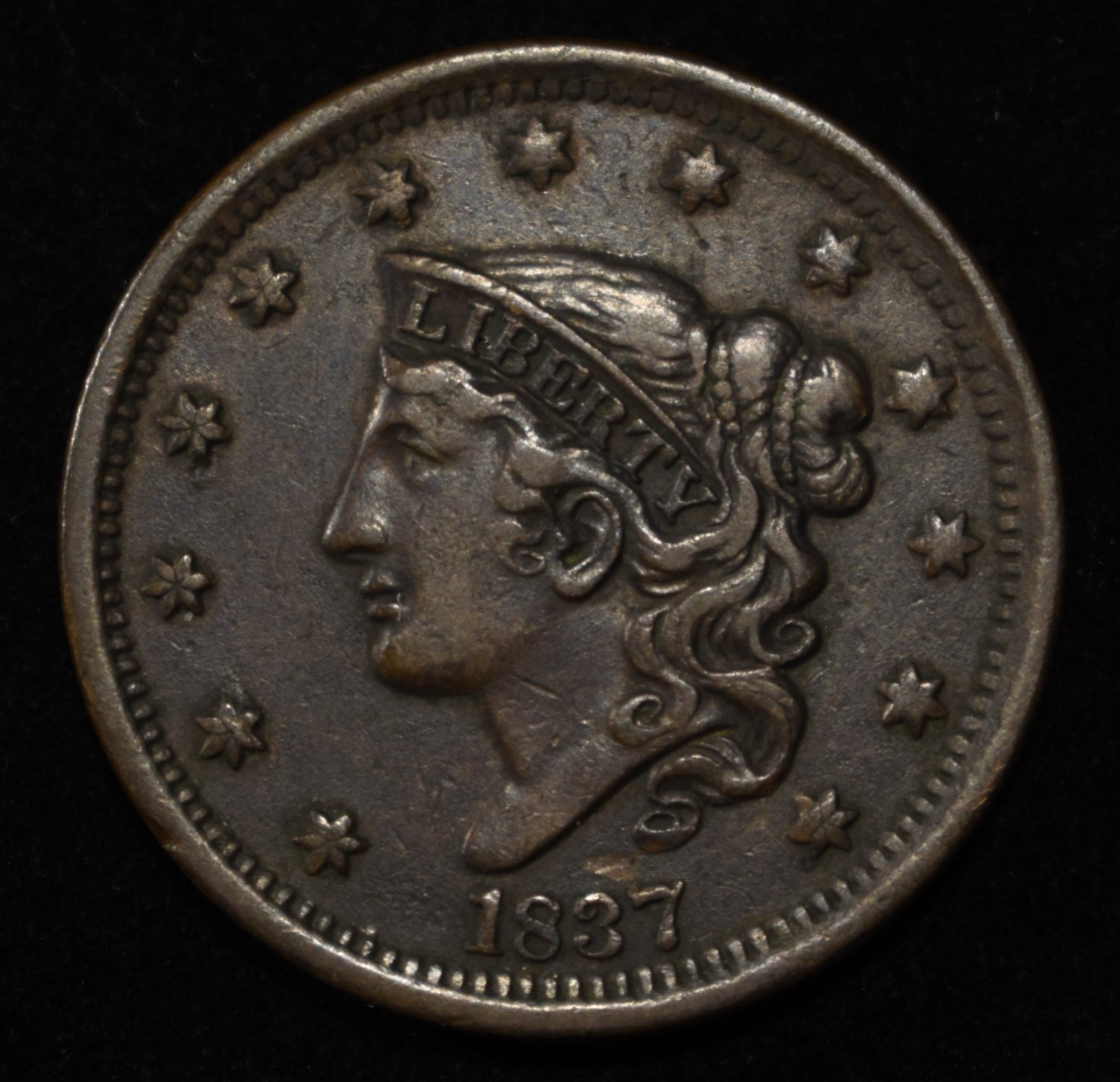 1837 LARGE CENT HEAD OF 38 XF