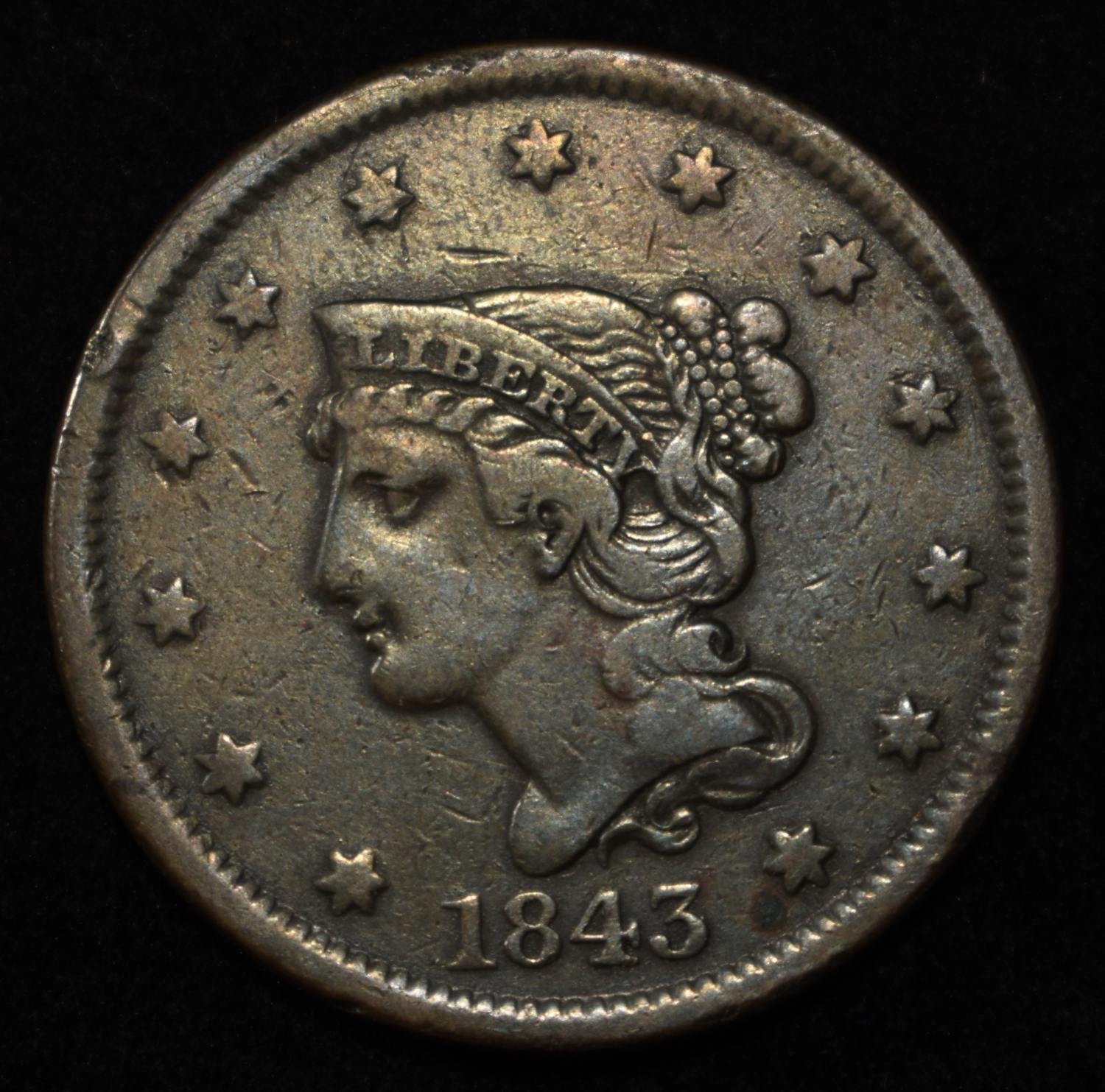 1843 LARGE CENT XF