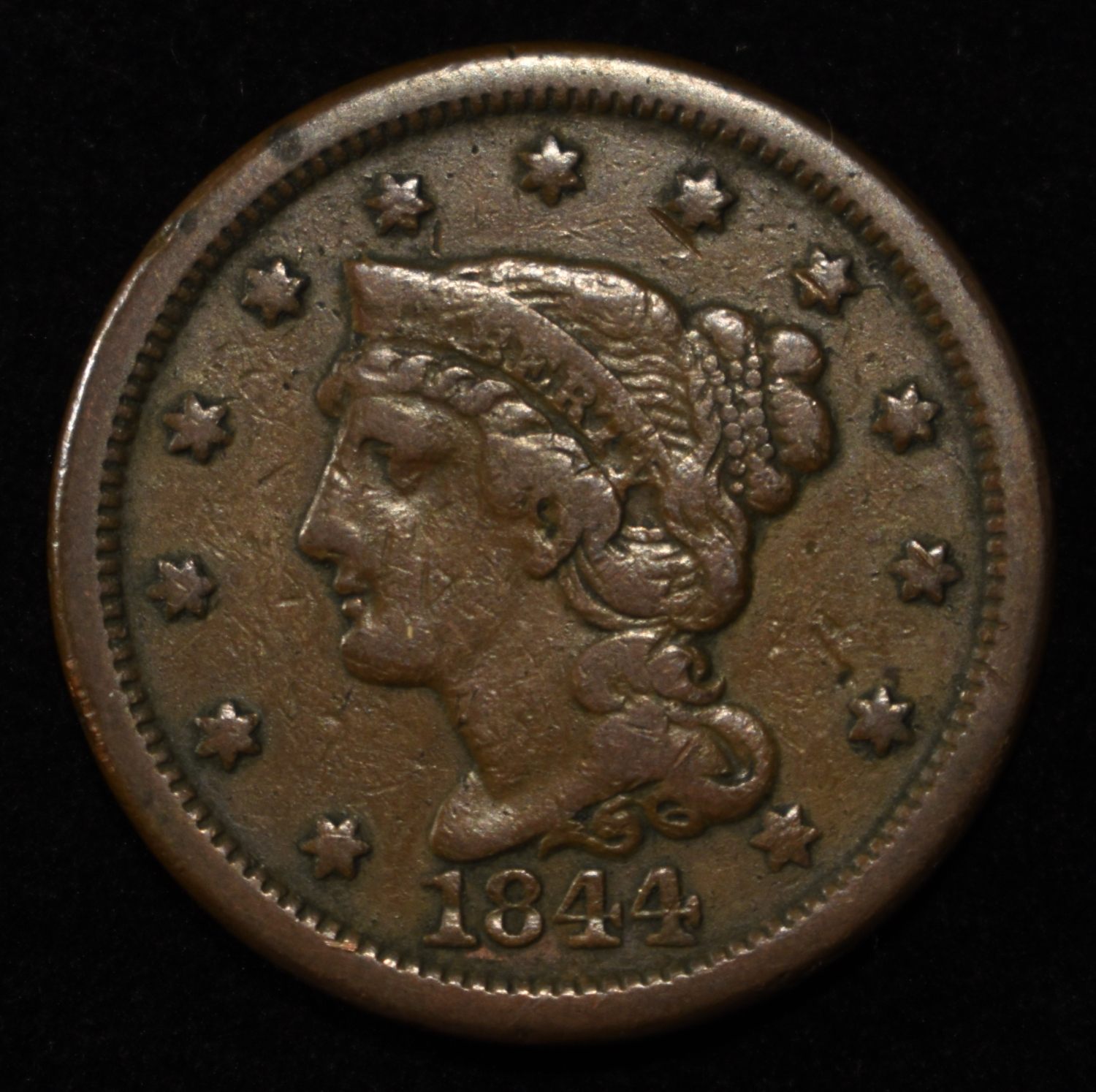 1844 LARGE CENT XF