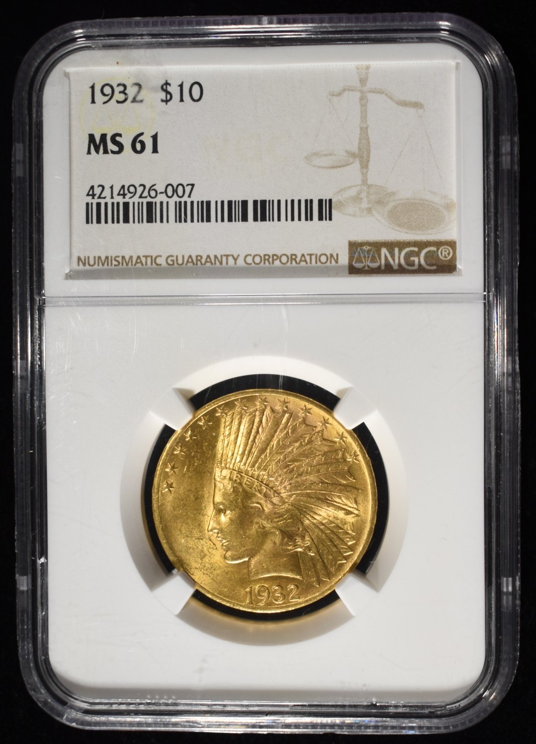 1932 $10 GOLD INDIAN NGC MS-61