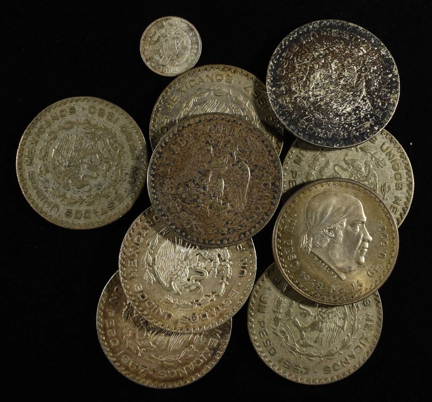 (9) MEXICAN & (1) GUATEMALA SILVER COINS