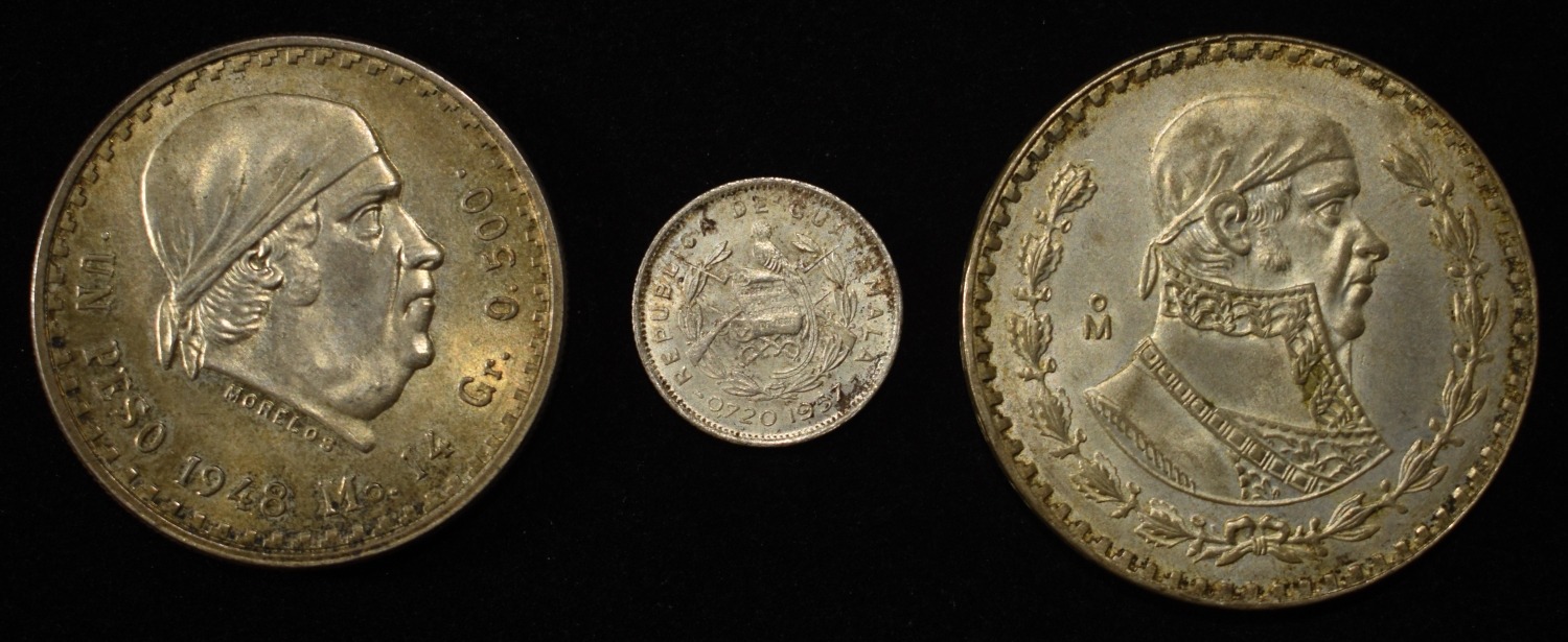 (9) MEXICAN & (1) GUATEMALA SILVER COINS