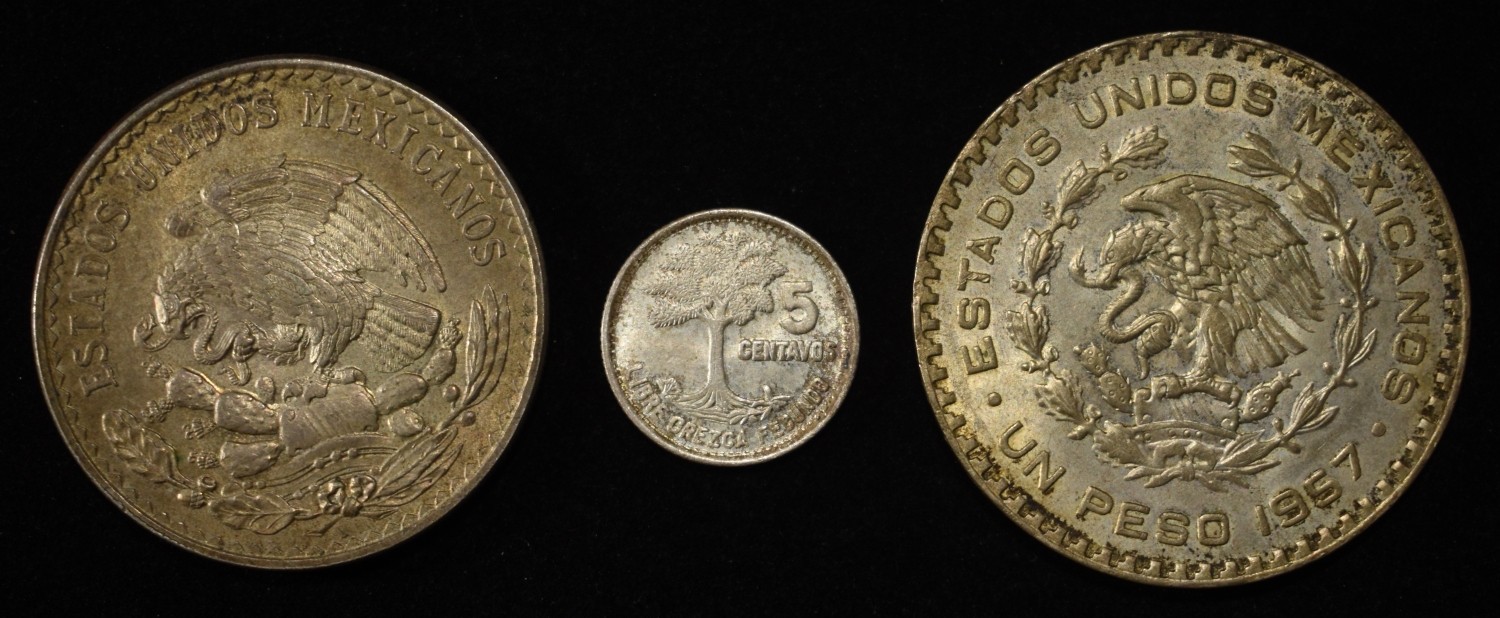 (9) MEXICAN & (1) GUATEMALA SILVER COINS