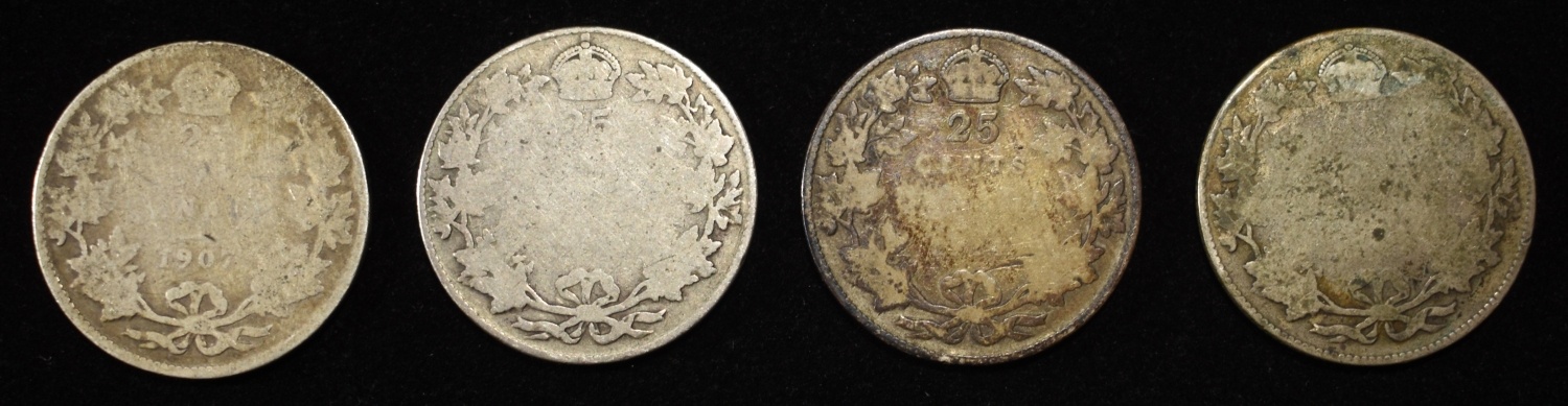 (4) 92.5% SILVER CANADIAN 25 CENTS