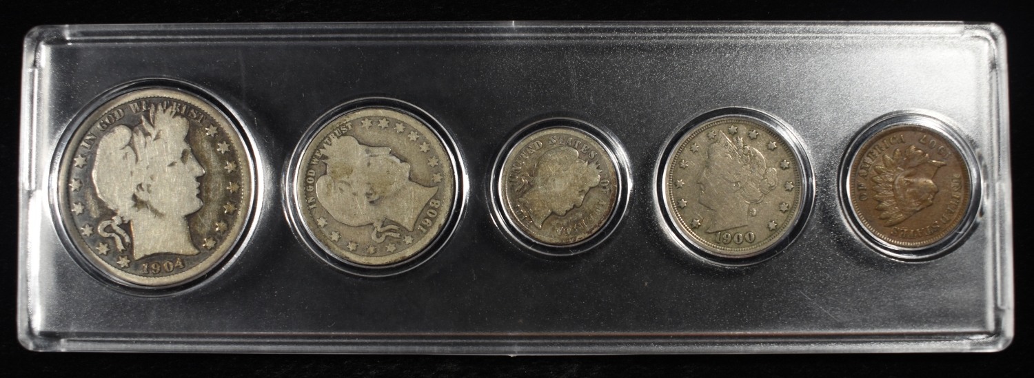 BARBER 10C, 25C, 50C, 'V' 5C & INDIAN CENT