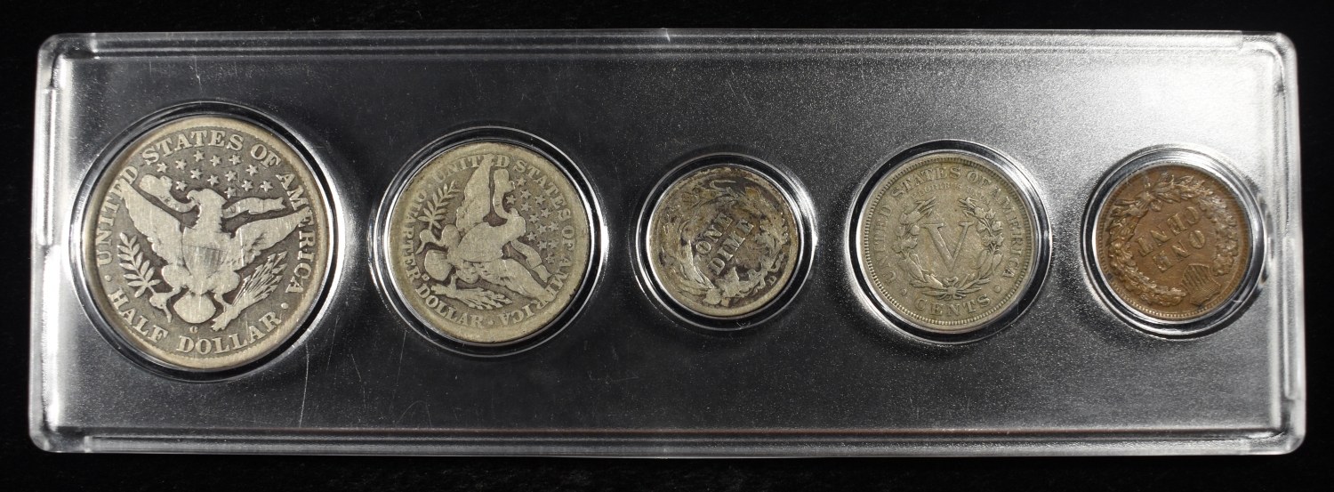 BARBER 10C, 25C, 50C, 'V' 5C & INDIAN CENT