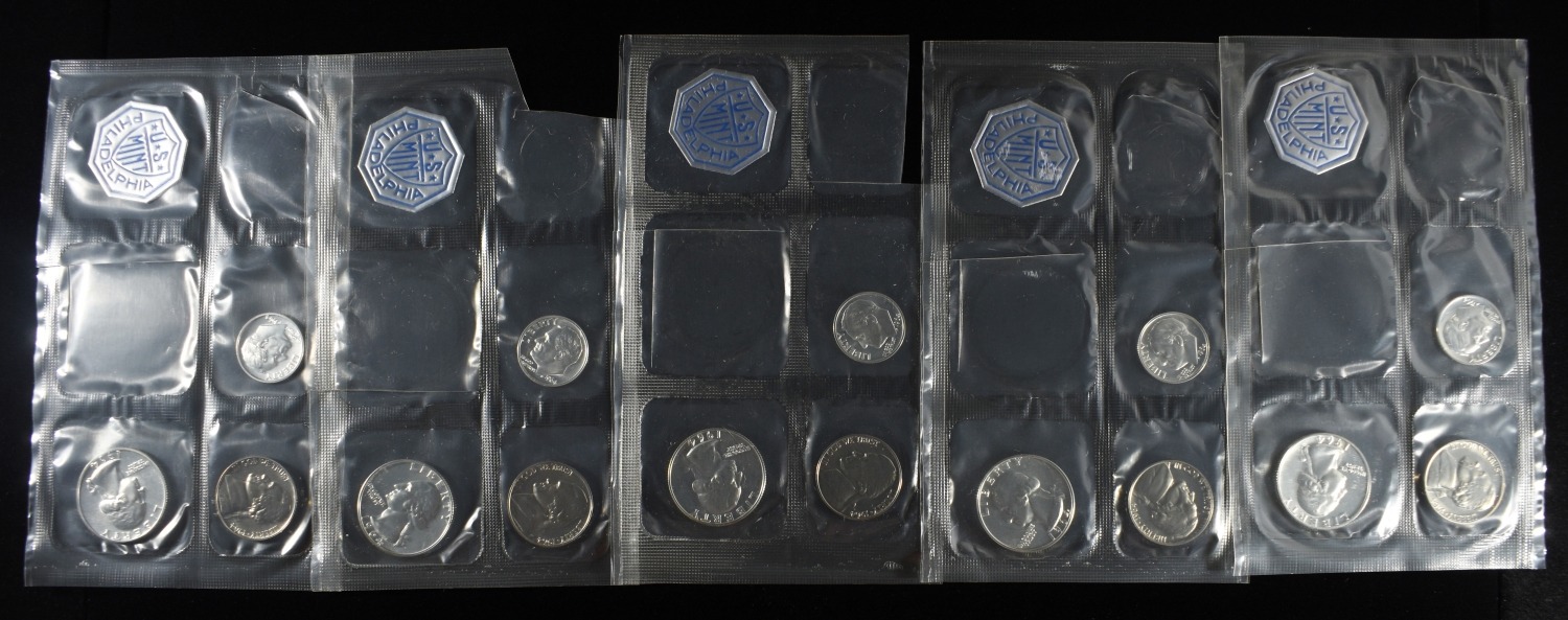 (5) 1964 PARTIAL MINT SETS MISSING 50C & 1 CENT