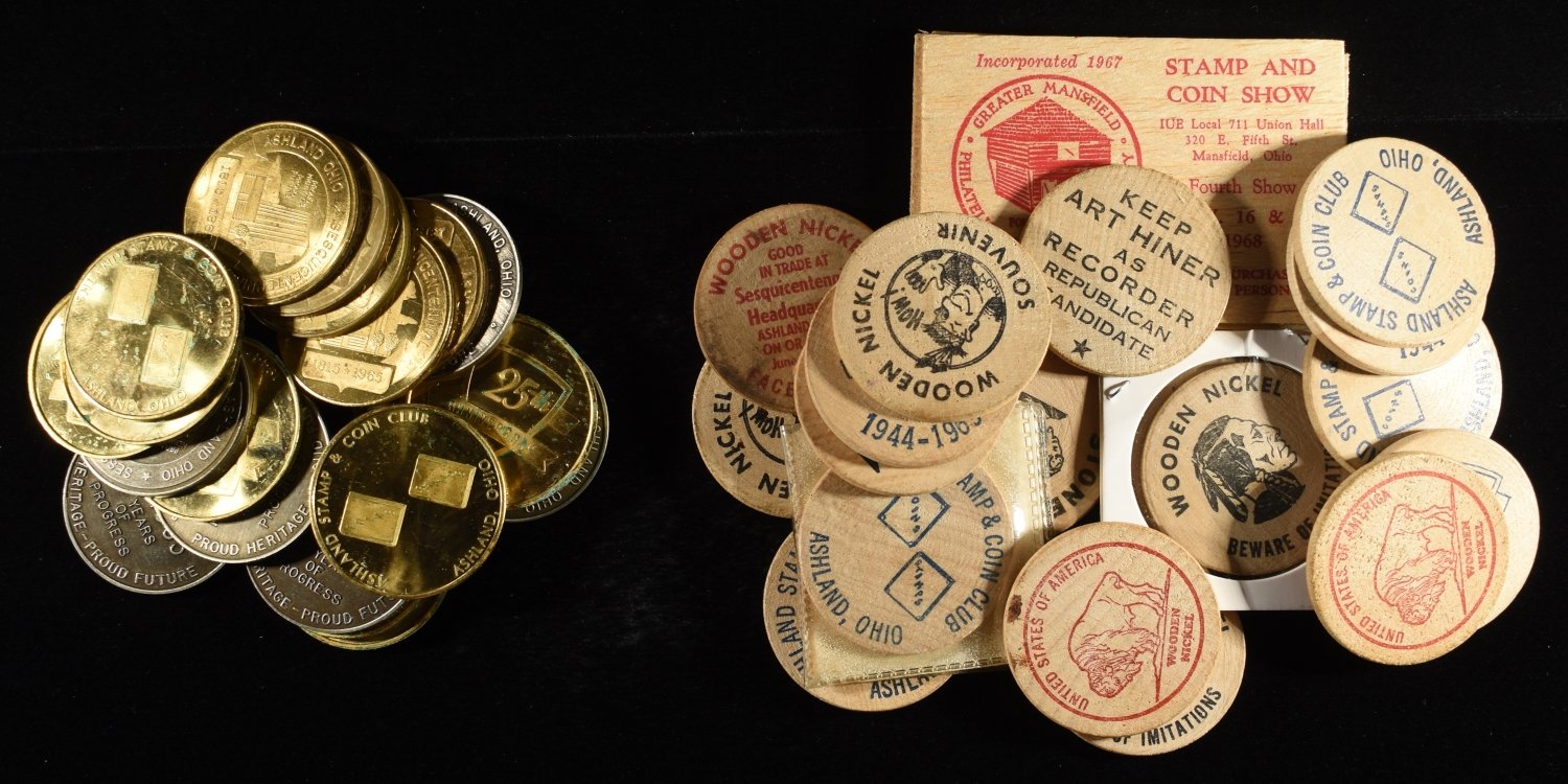 (21) ASHLAND, OHIO TOKENS & (21) WOODEN TOKENS