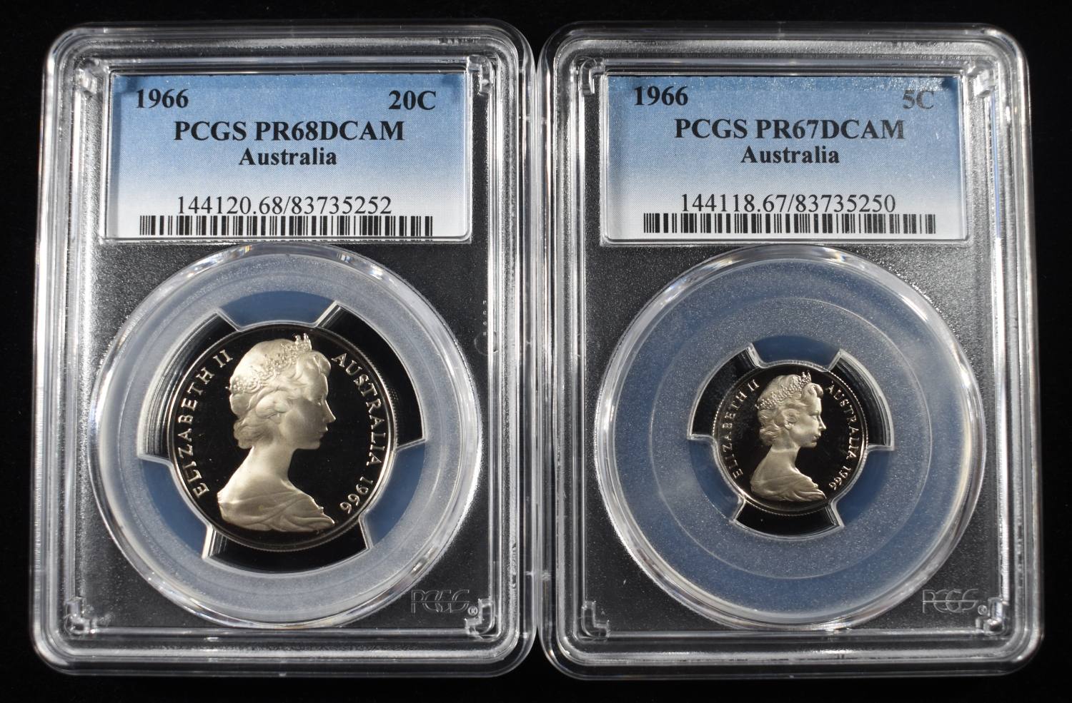 1966 20C & 5C AUSTRALIA PCGS PR68-67DCAM