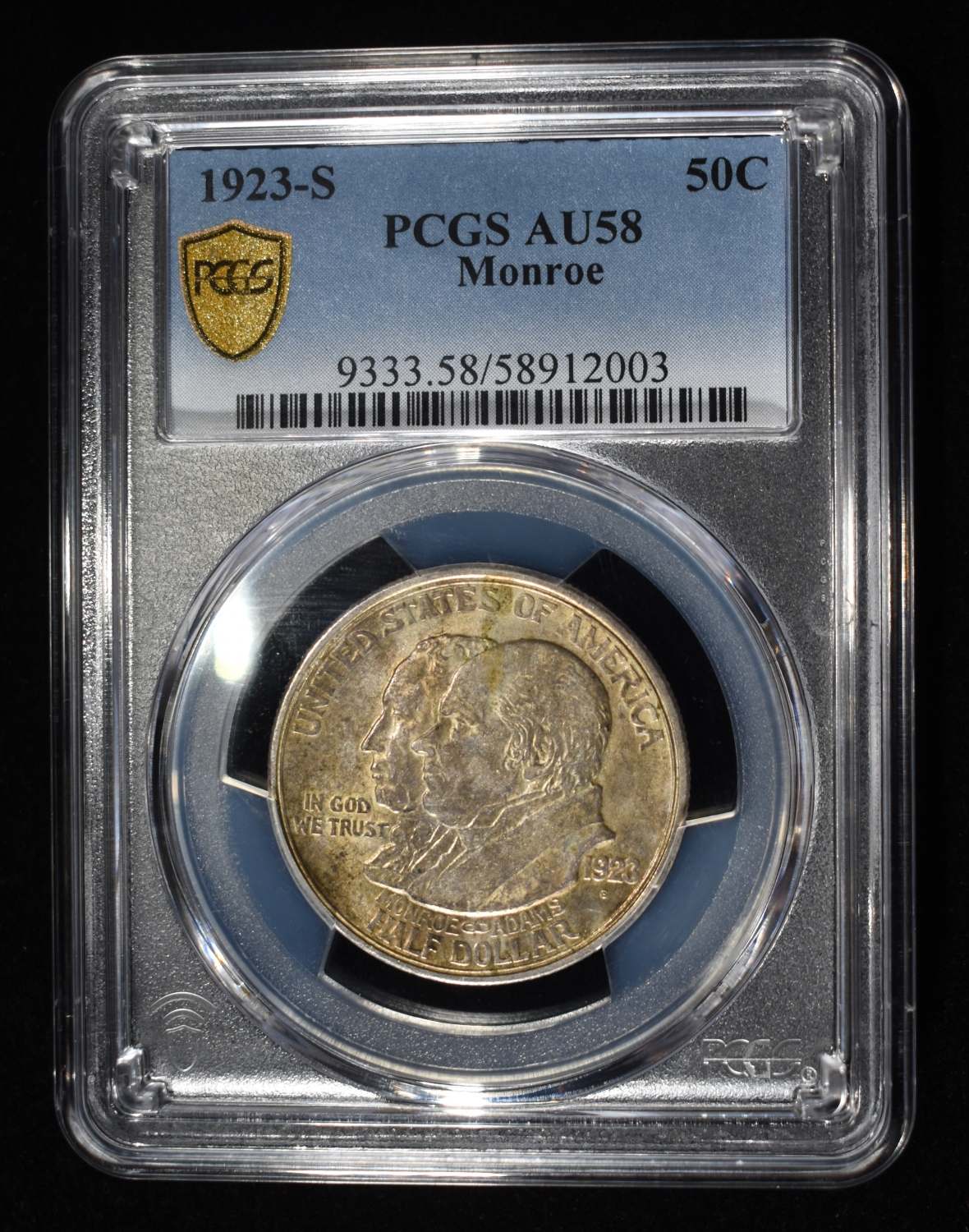 1923-S 50C COMMEM MONROE PCGS AU58