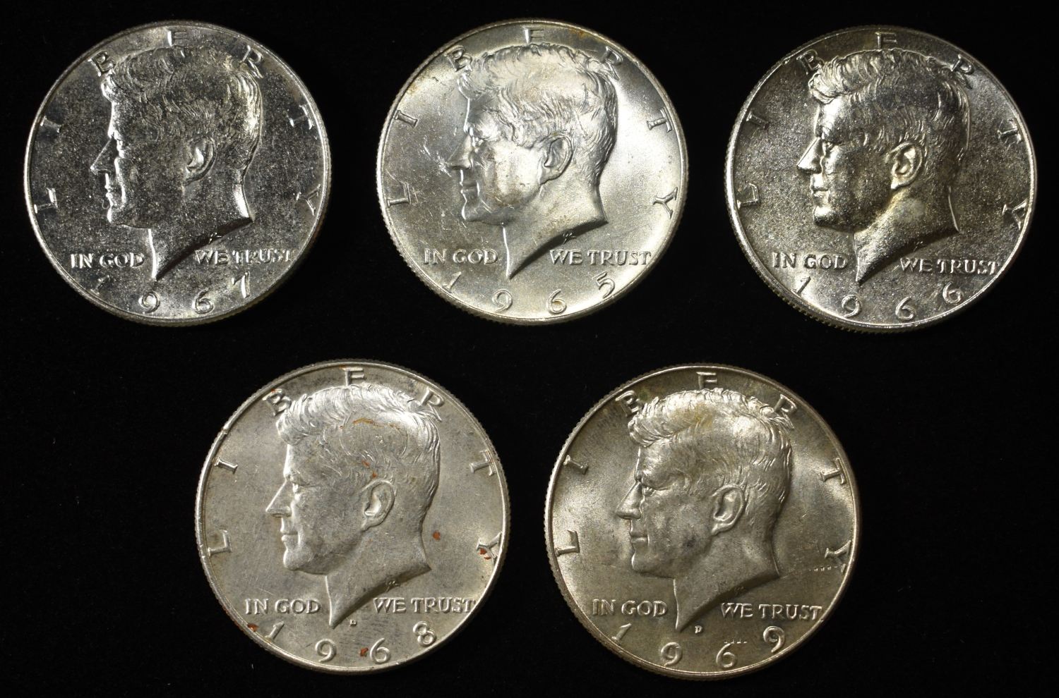 (5) 40% SILVER KENNEDY HALF DOLLARS