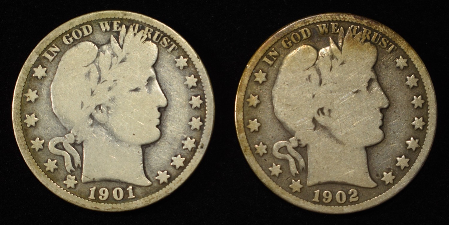 1901-O & 1902-S BARBER HALF DOLLARS GOOD
