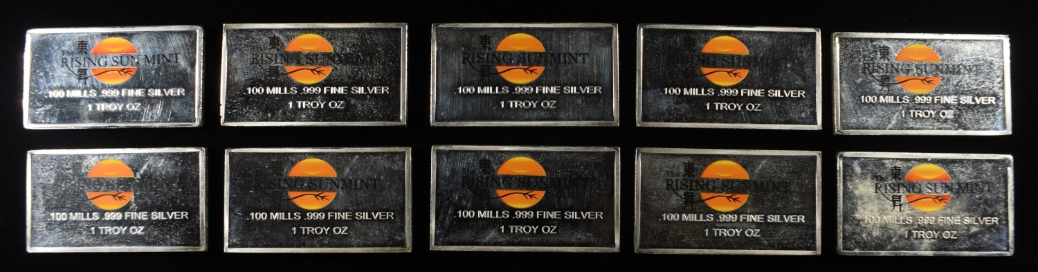 (10) 100 MILS (PLATED) 1 TROY OZ .999 SILVER BARS