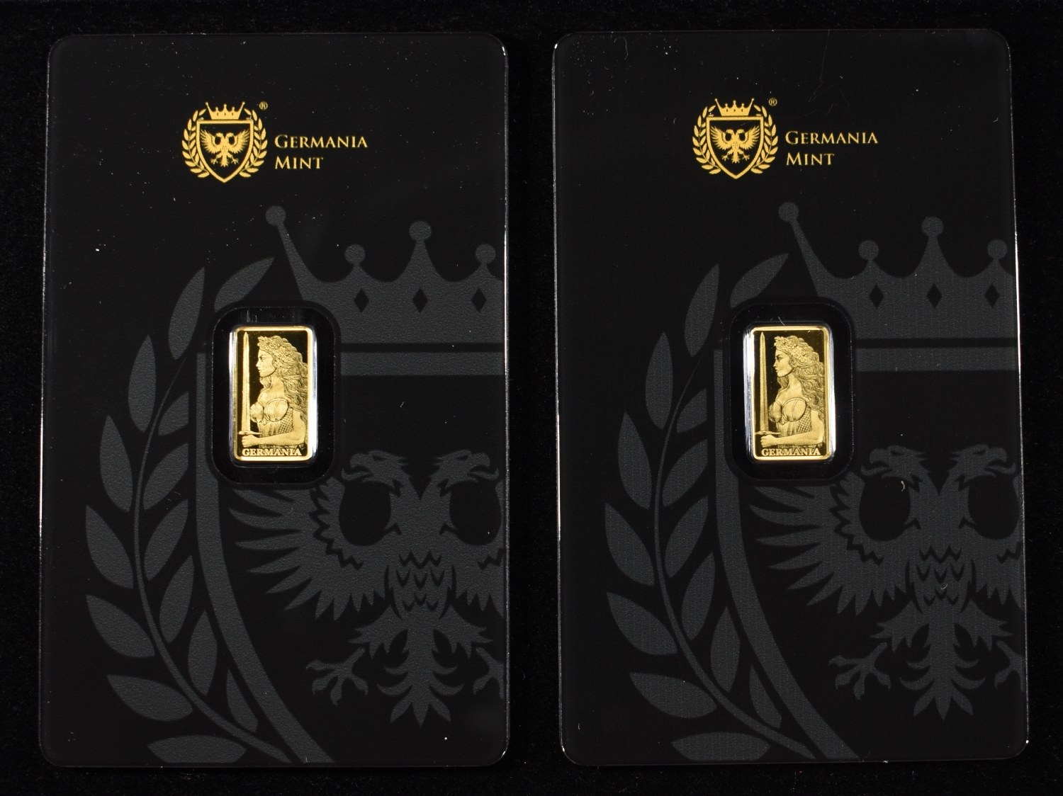 (2) GERMANIA MINT 1/200TH .9999 GOLD BARS PROOF
