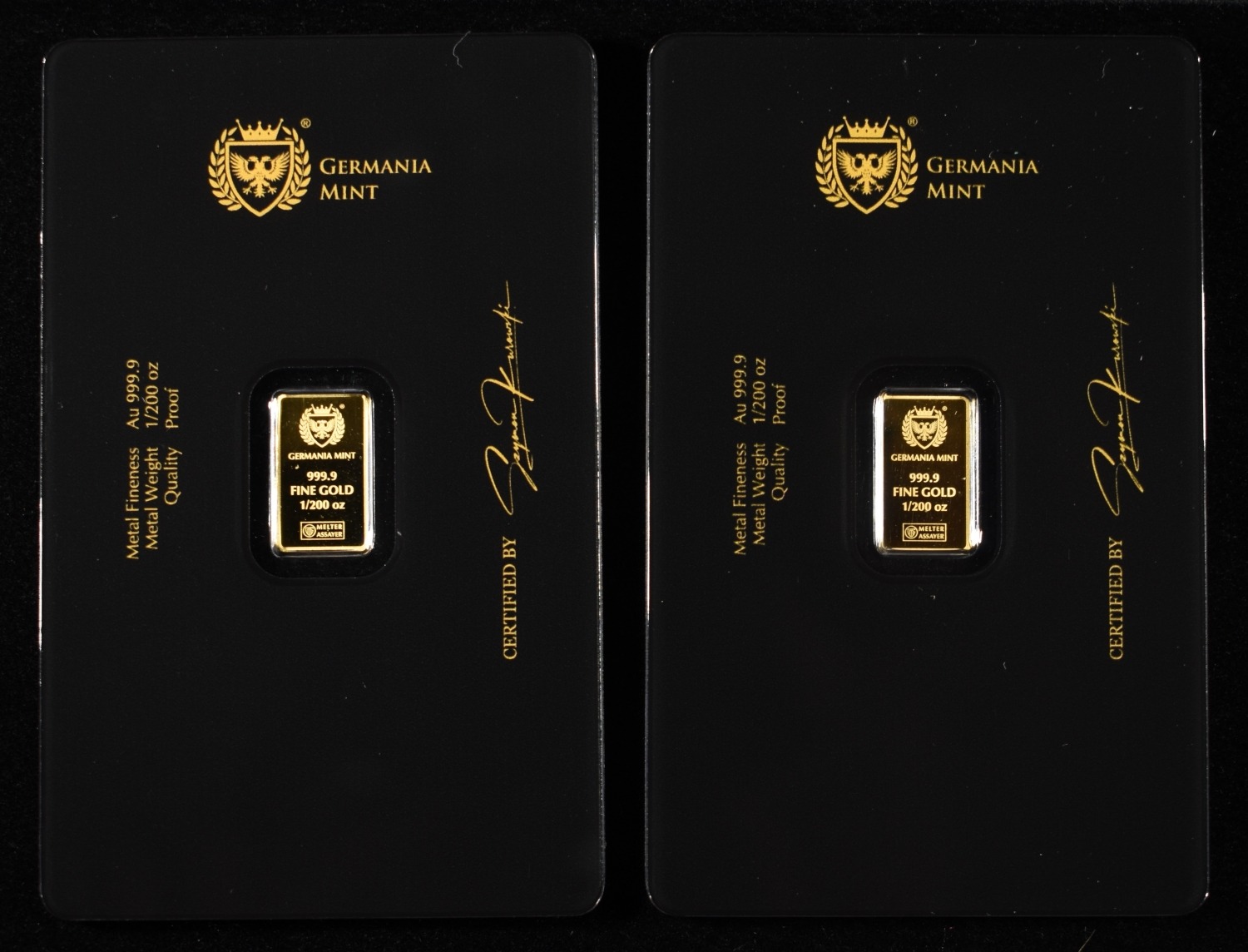 (2) GERMANIA MINT 1/200TH .9999 GOLD BARS PROOF