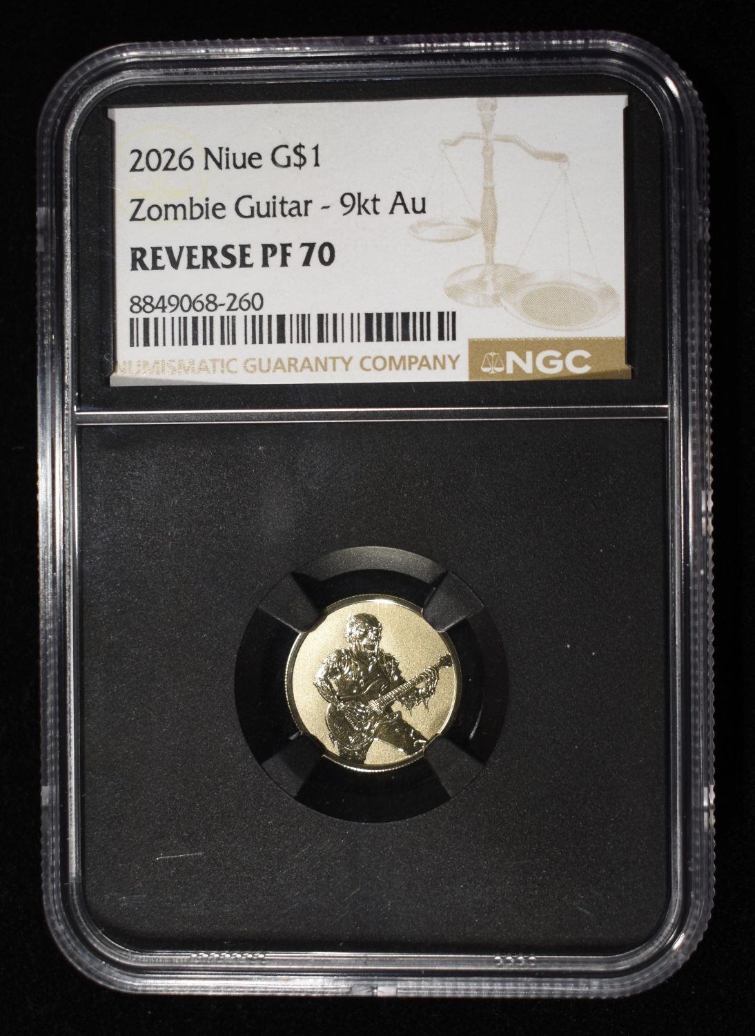 2026 NIUE G$1 ZOMBIE GUITAR 9KT REVERSE PF70 NGC