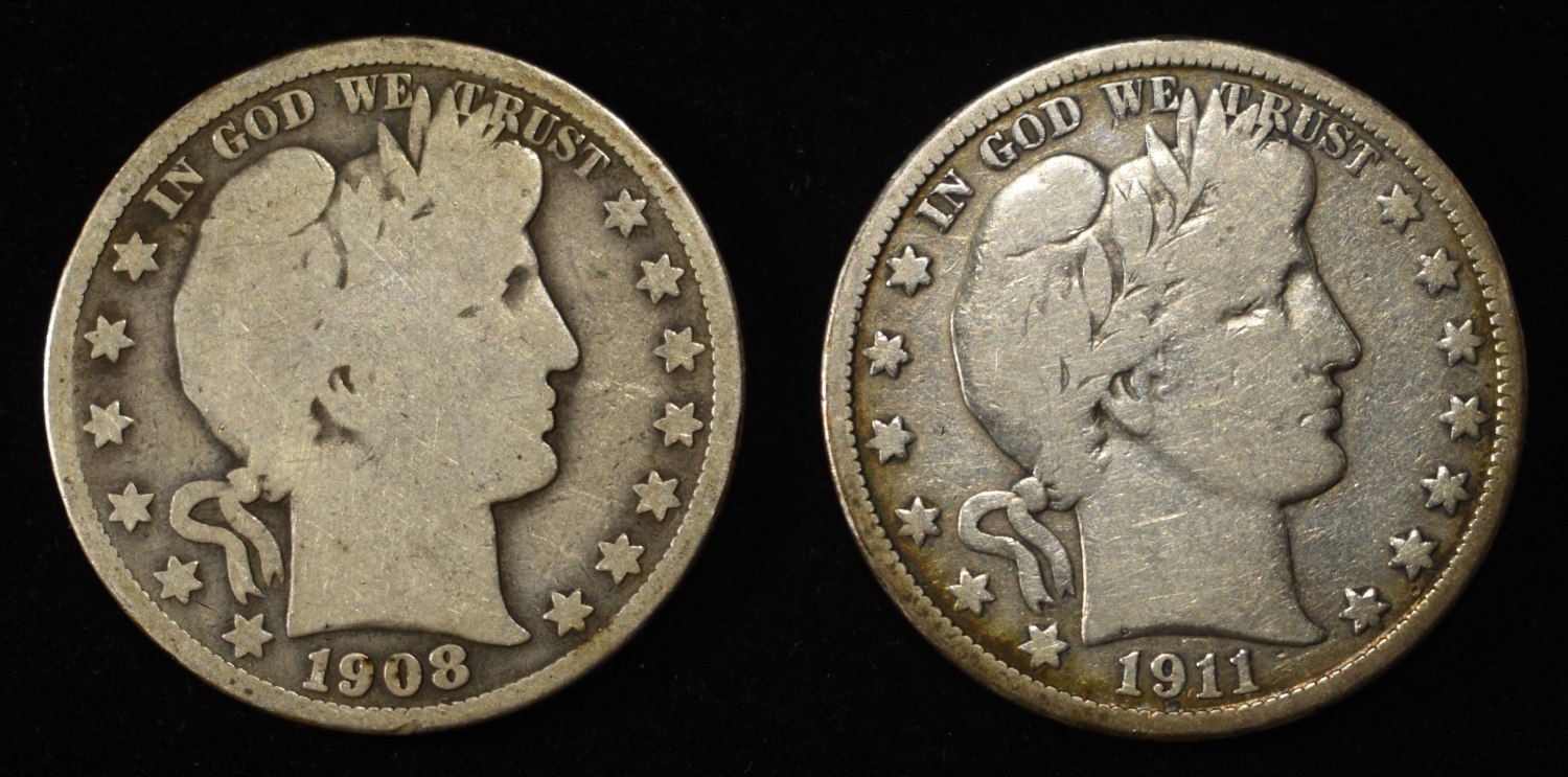1908 & 1911 BARBER HALF DOLLARS