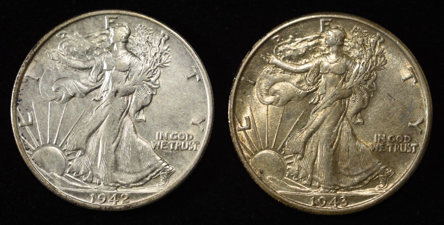 1942-S, 43-D WALKING LIBERTY HALF DOLLARS AU