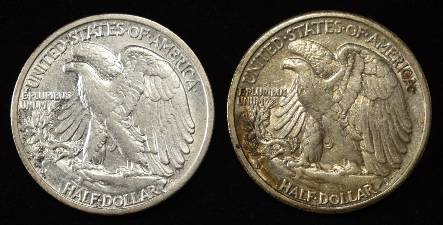 1942-S, 43-D WALKING LIBERTY HALF DOLLARS AU
