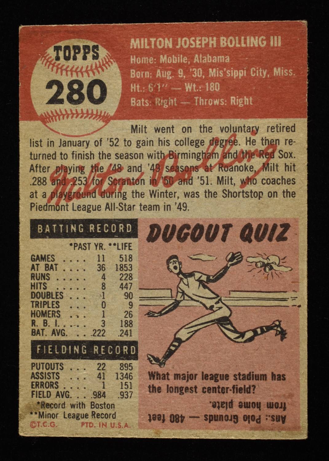 1953 TOPPS MILT BOLLING #280