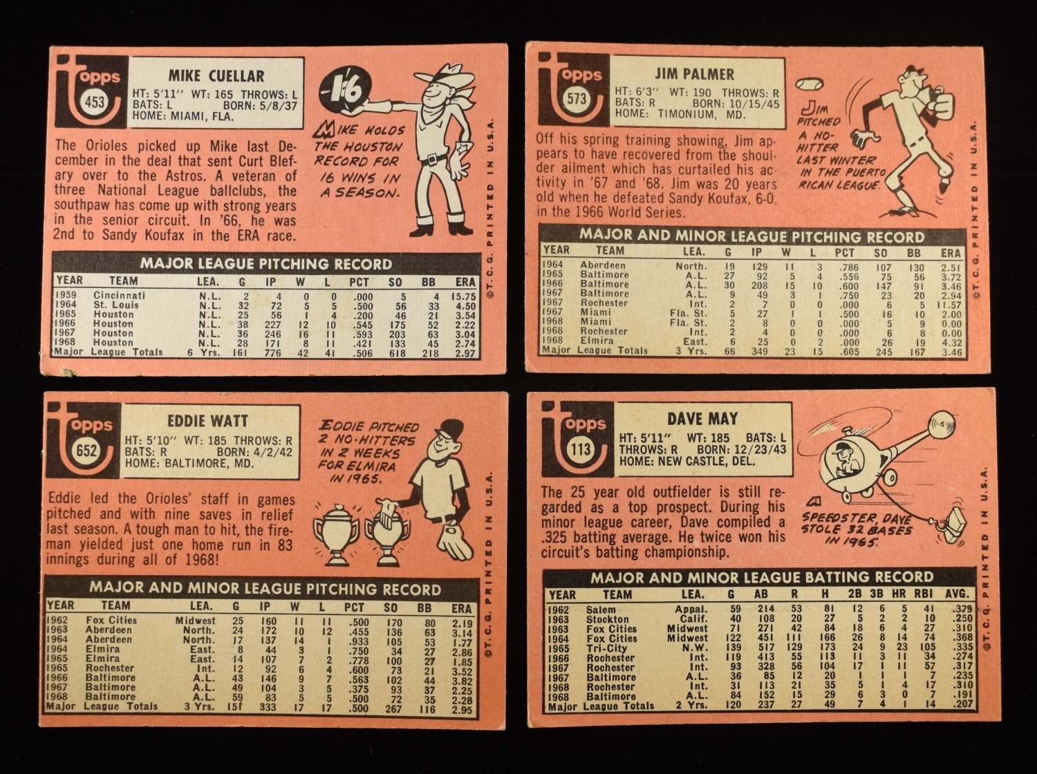 (18) 1969 TOPPS ORIOLES, CUELLAR, PAMER, WEAVER