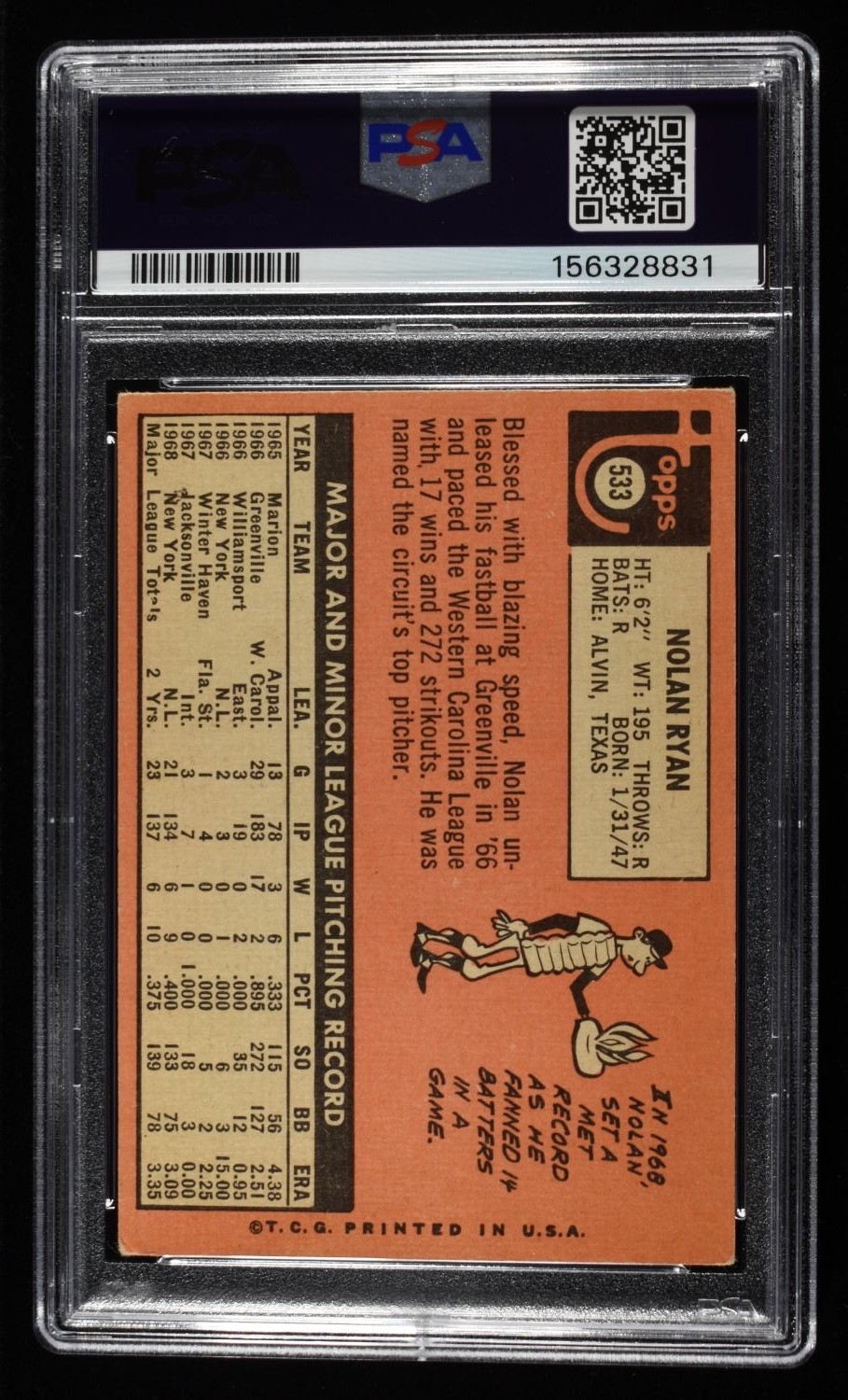 1969 TOPPS NOLAN RYAN #533 PSA 2
