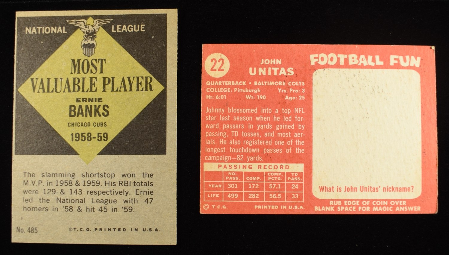 TOPPS FOOTBALL 1958 #22 & BASEBALL 1961 #485 CARDS