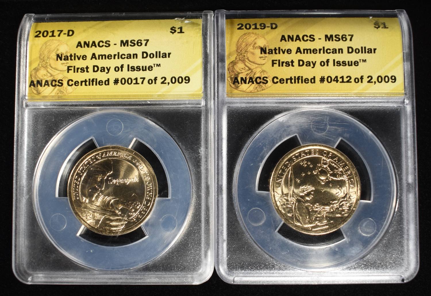 2017-D & 2019-D $1 NATIVE AMERICAN ANACS MS67 FDI