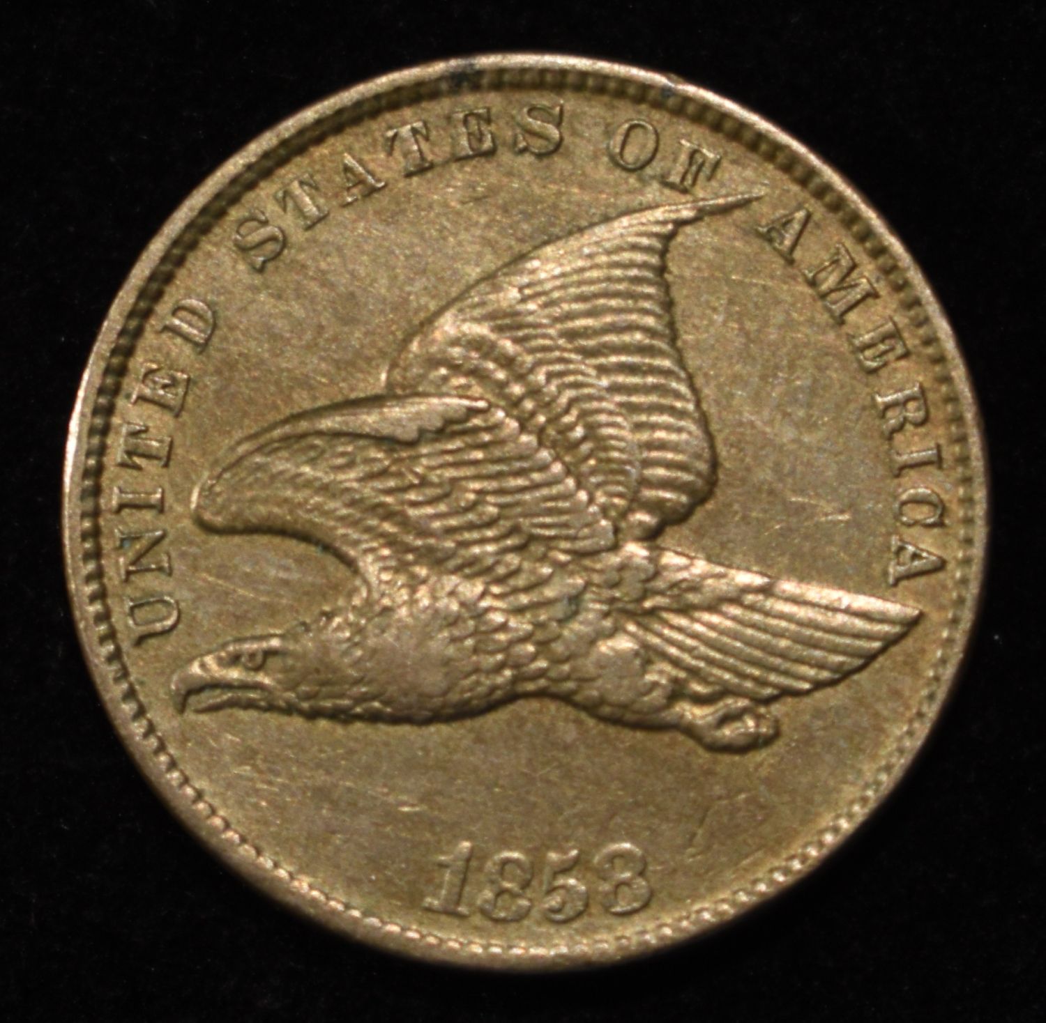 1858 FLYING EAGLE CENT AU, RIM NICK REV.