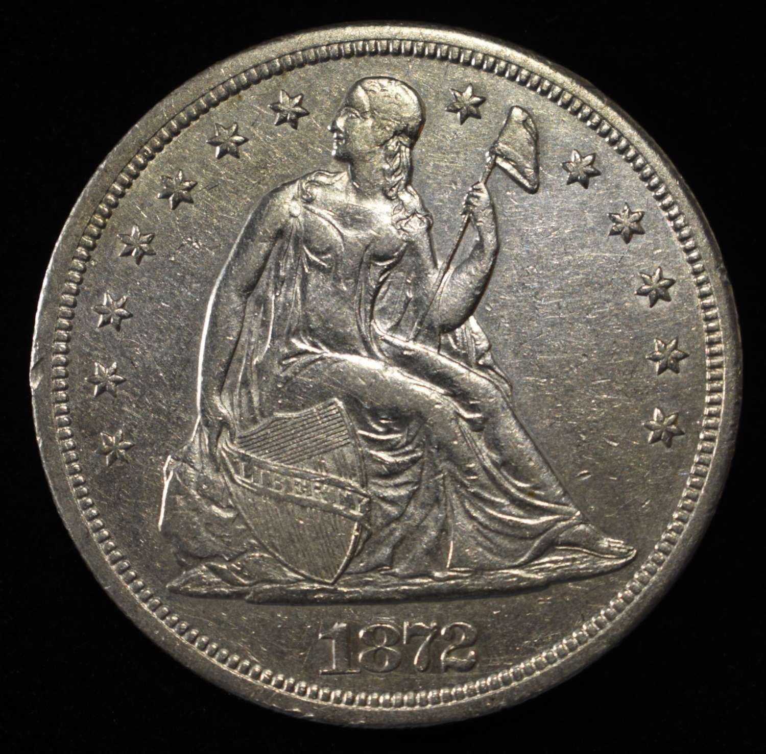 1872-S SEATED LIBERTY DOLLAR CH AU