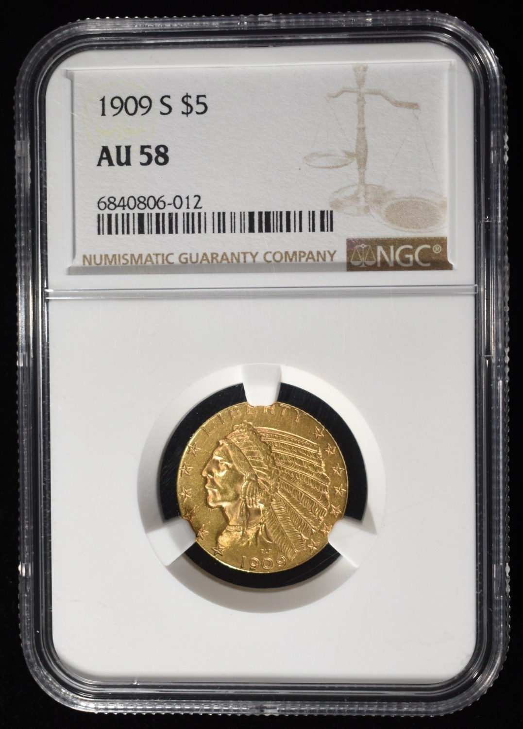 1909-S $5 GOLD INDIAN NGC AU-58