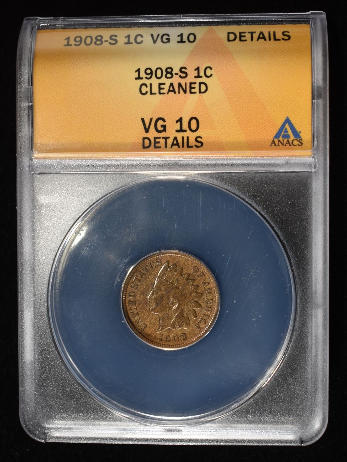 1908-S INDIAN CENT VG 10 DETAILS CLEANED ANACS