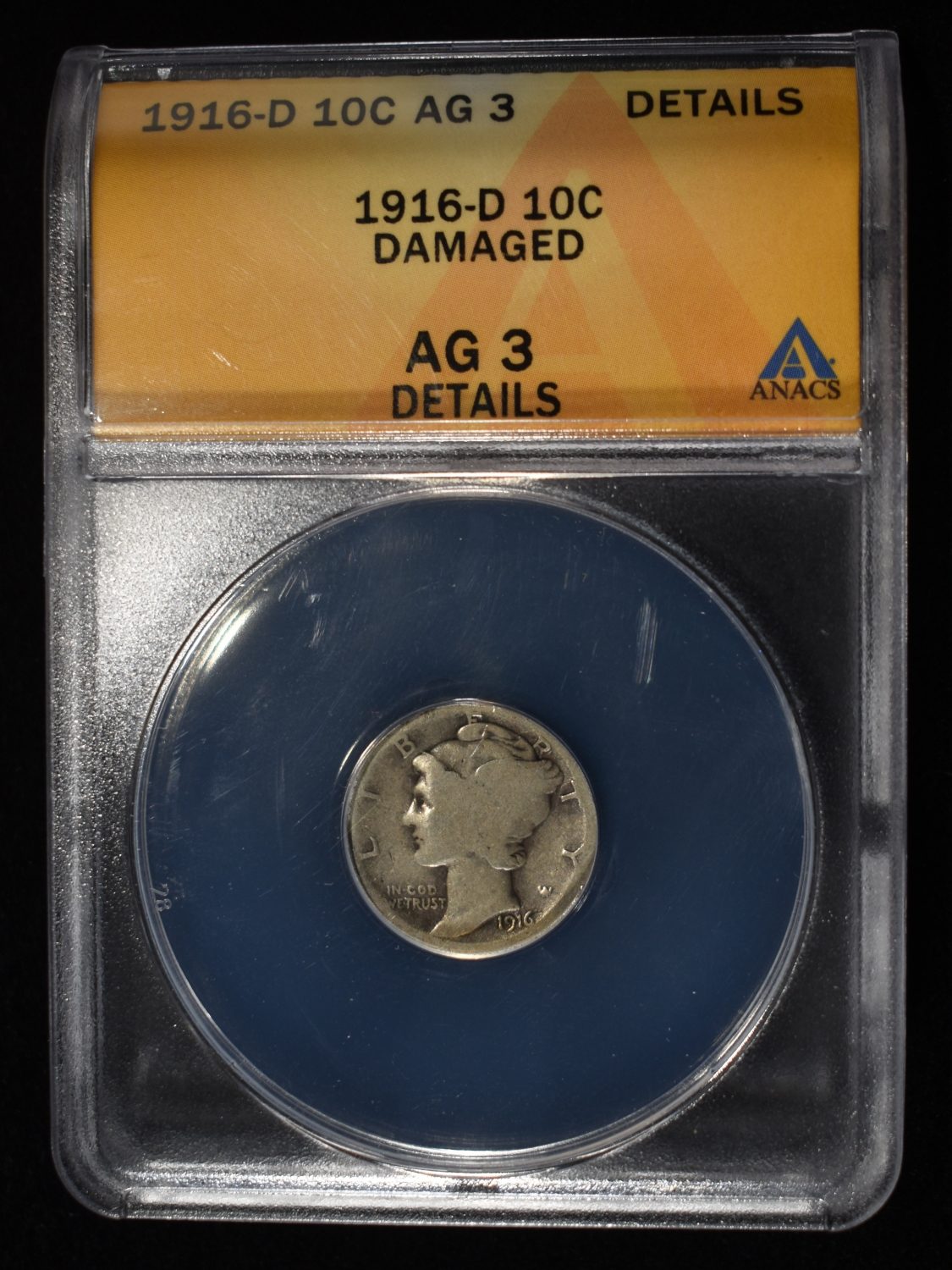 1916-D MERCURY DIME AG 3 DETAILS DAMAGED ANACS