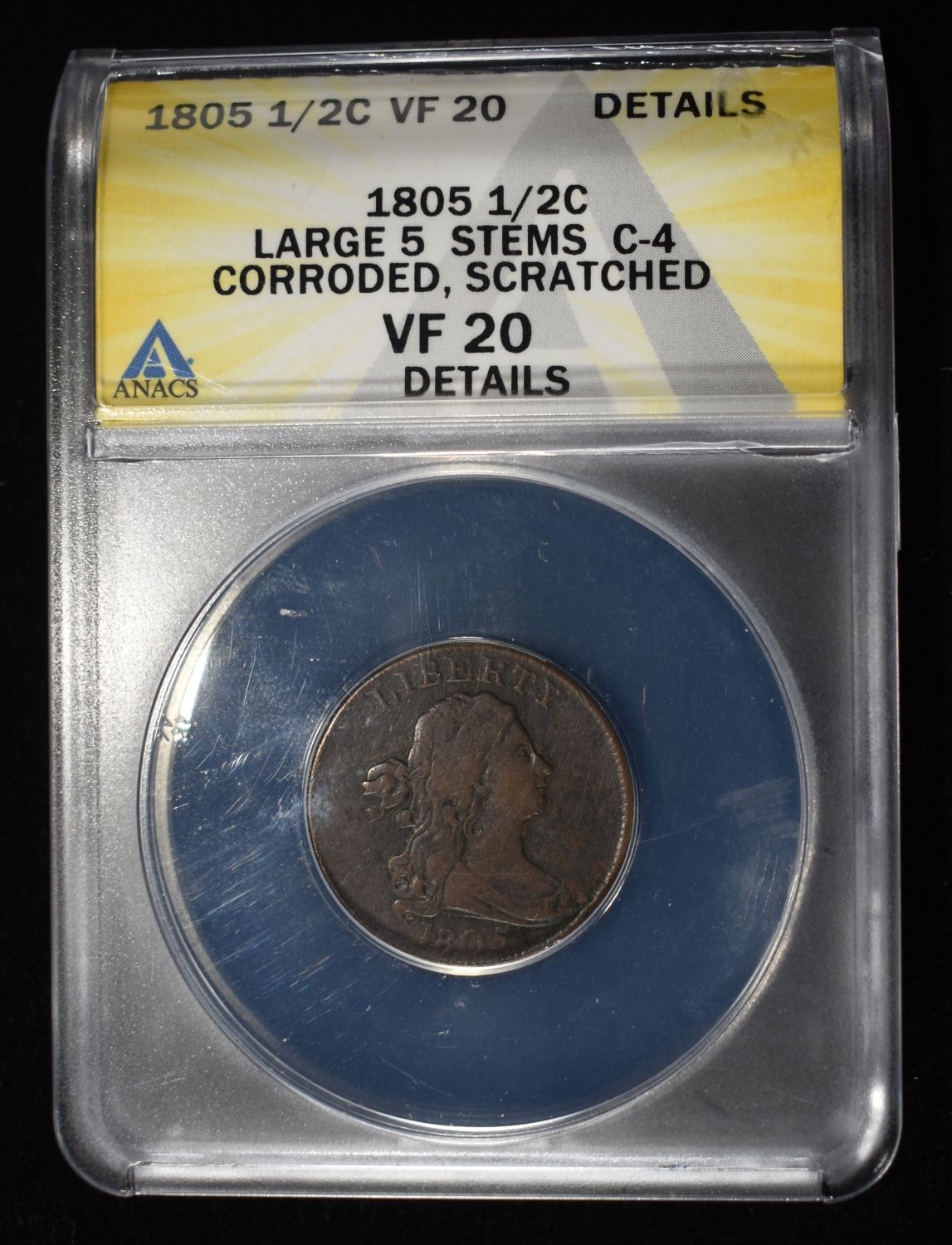 1805 DRAPED BUST HALF CENT ANACS VF20 DETAILS