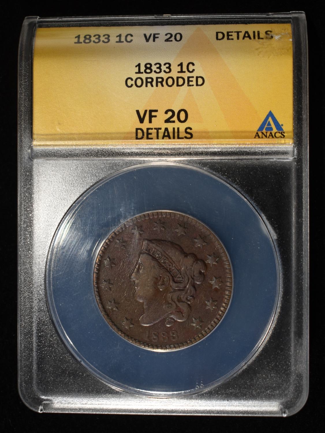 1833 CORONET HEAD LARGE CENT ANACS VF20 DETAILS