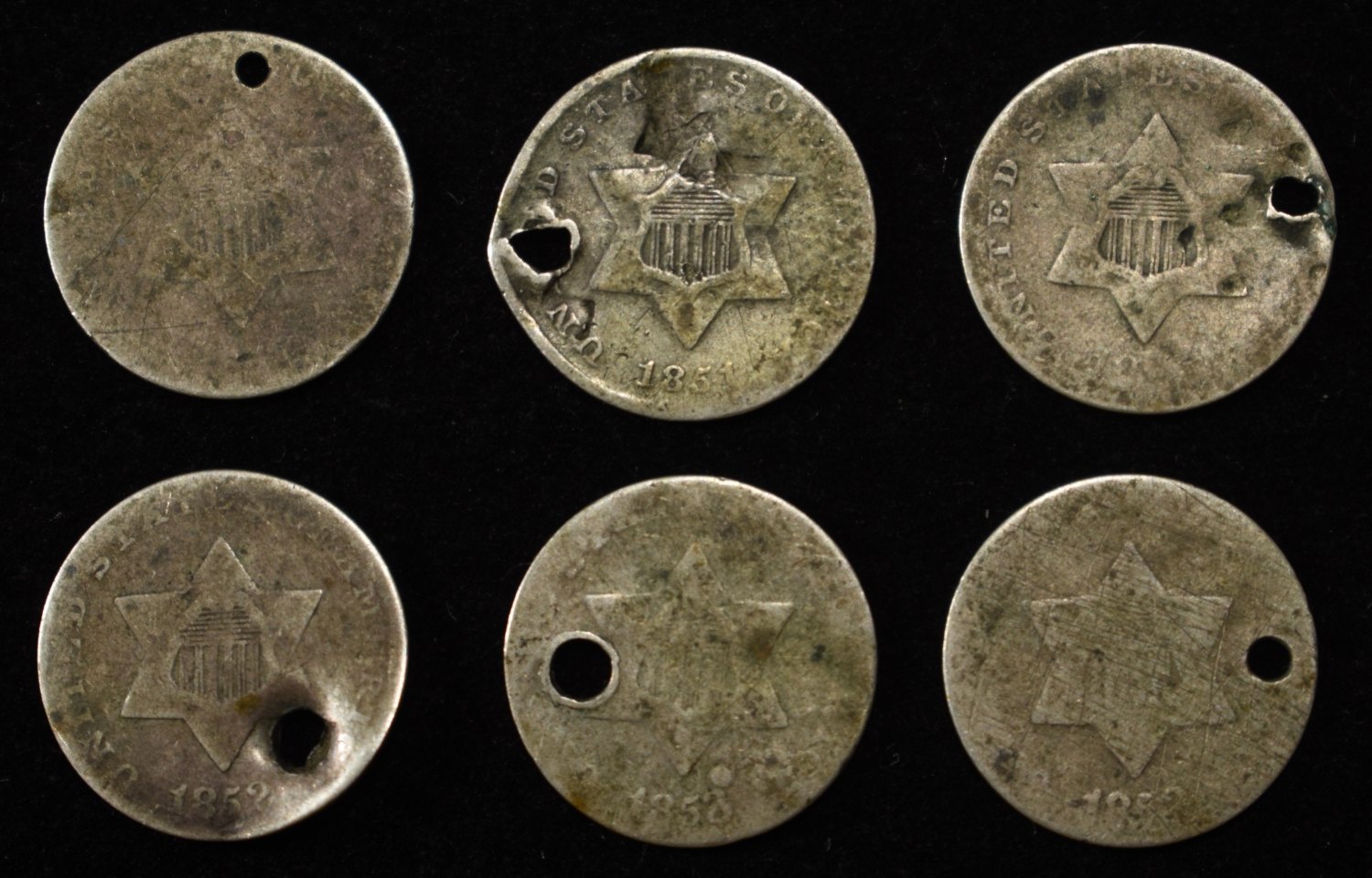 (6) THREE-CENT SILVER DAMAGED