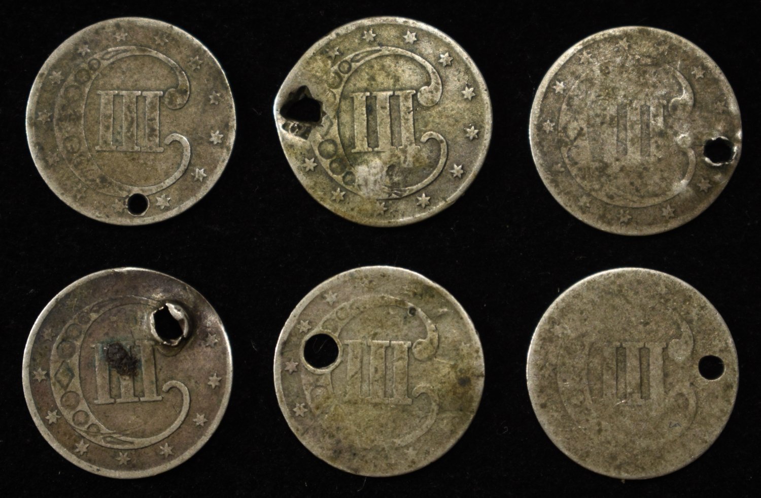 (6) THREE-CENT SILVER DAMAGED