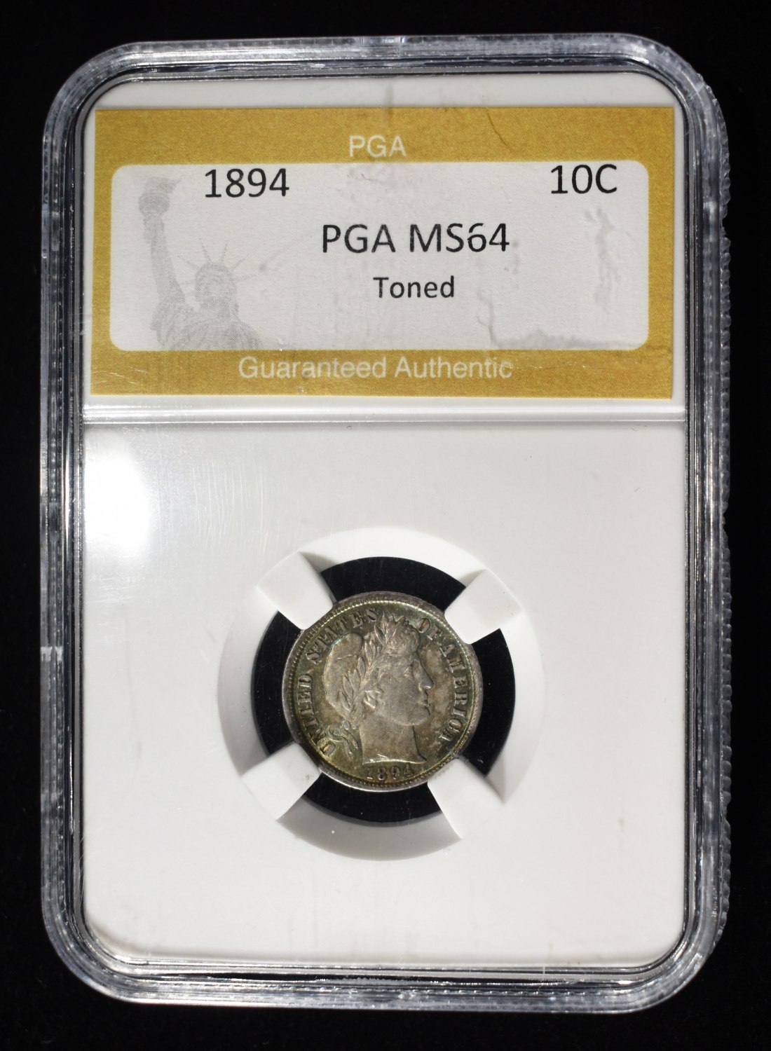 1894 BARBER DIME PGA CH/GEM BU TONED