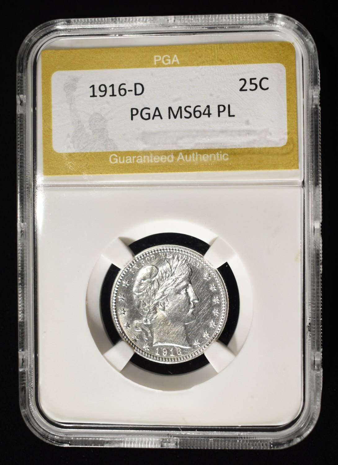 1916-D BARBER QUARTER PGA CG/GEM BU PL