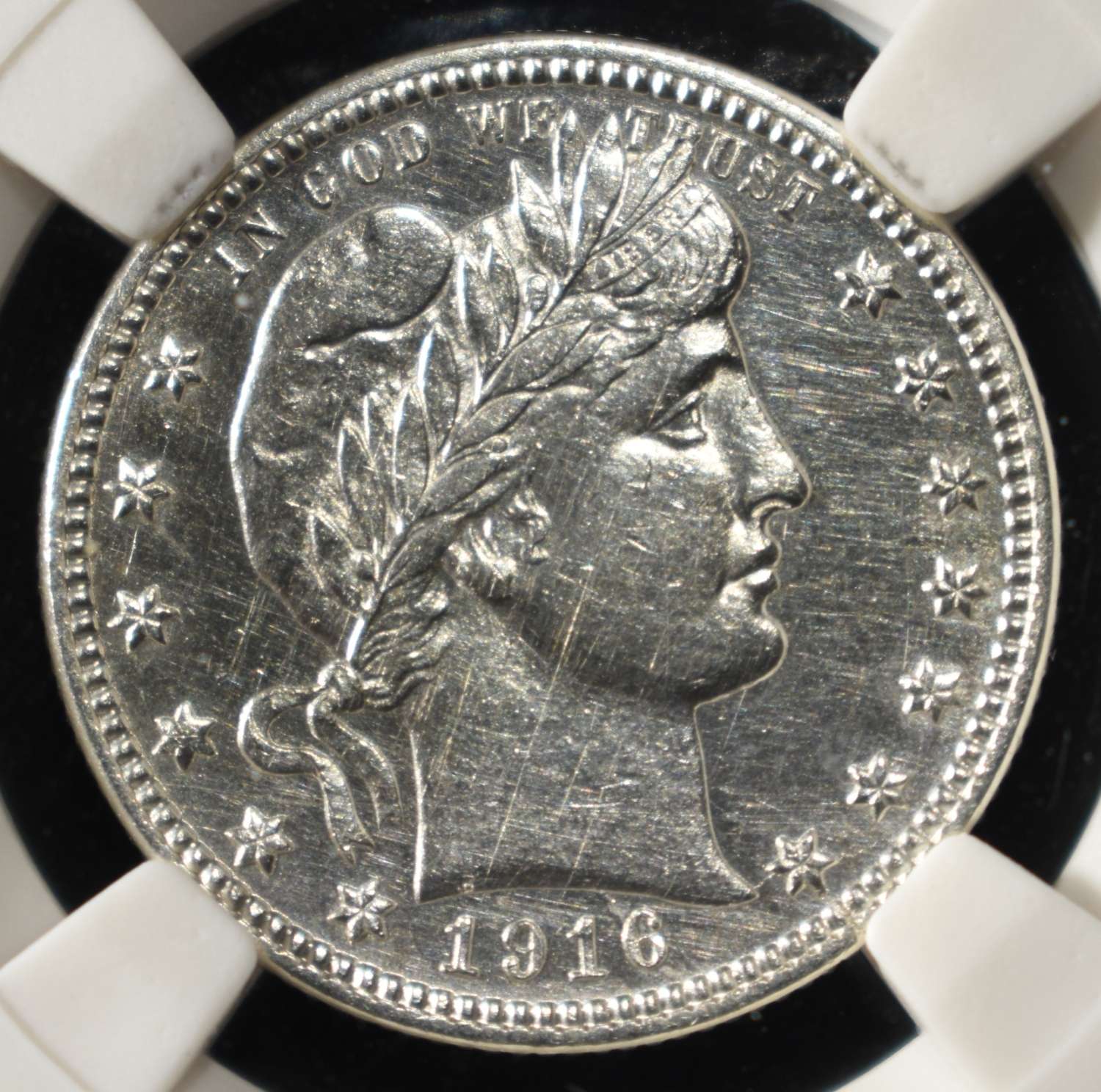 1916-D BARBER QUARTER PGA CG/GEM BU PL