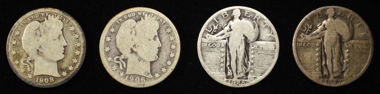 (2) STANDING LIBERTY & (2) BARBER QUARTERS
