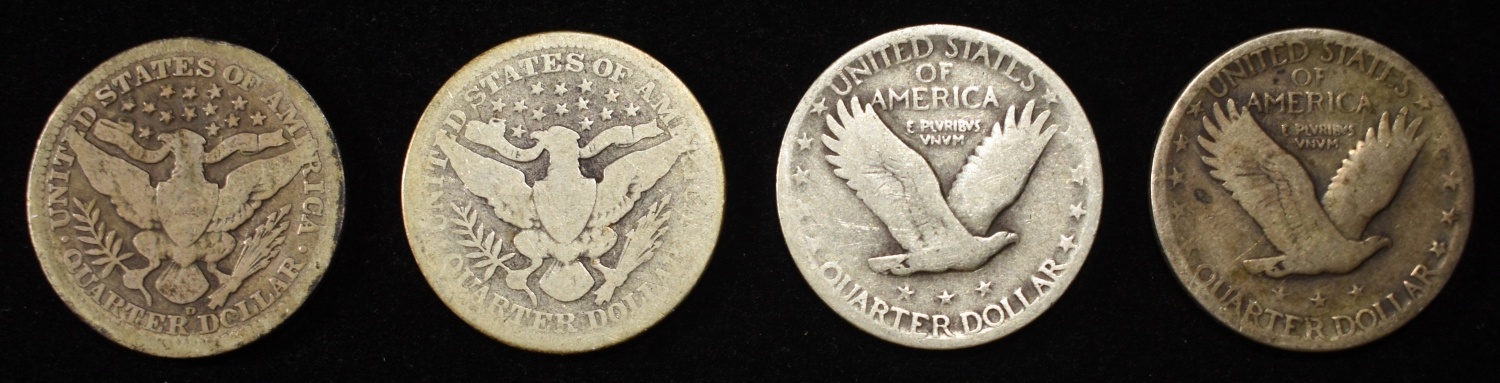 (2) STANDING LIBERTY & (2) BARBER QUARTERS