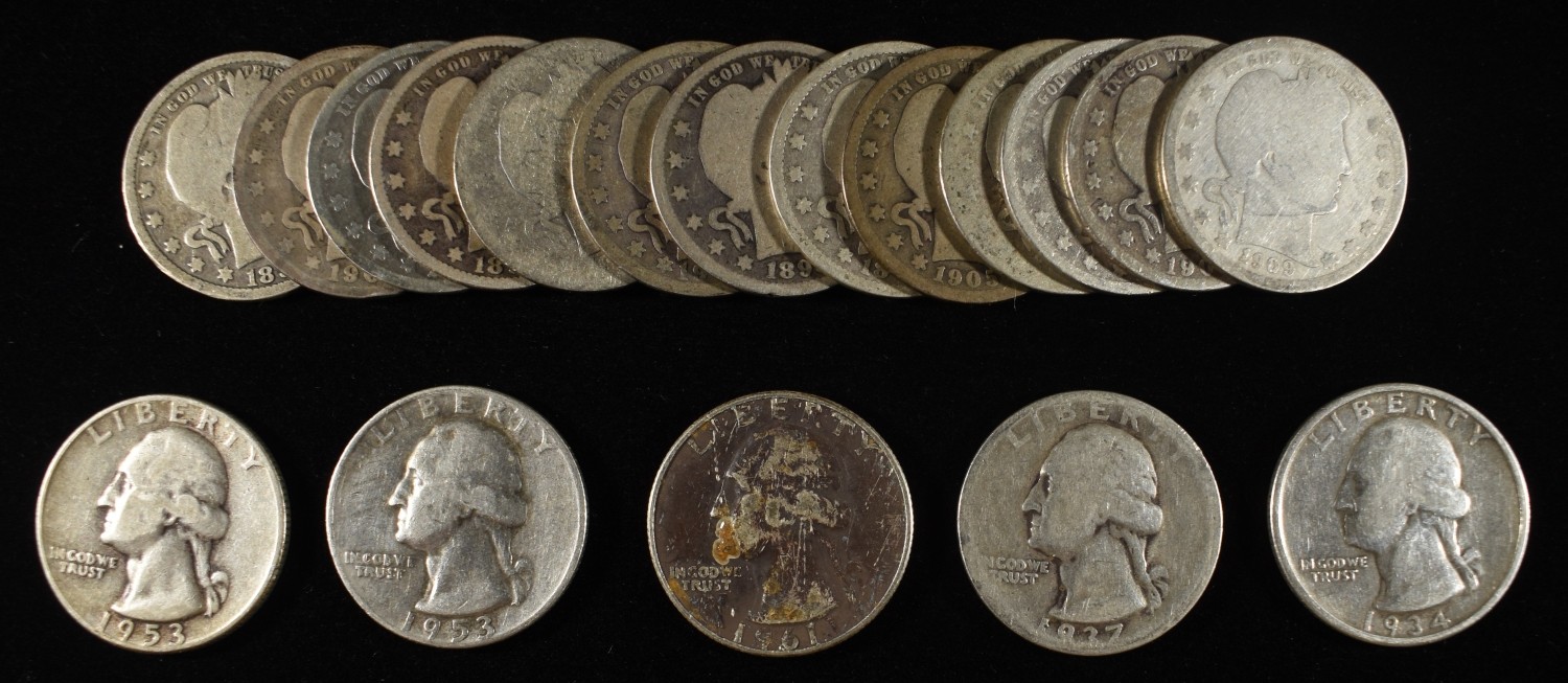 (13) BARBER, (5) WASHINGTON QUARTERS 90% SILVER