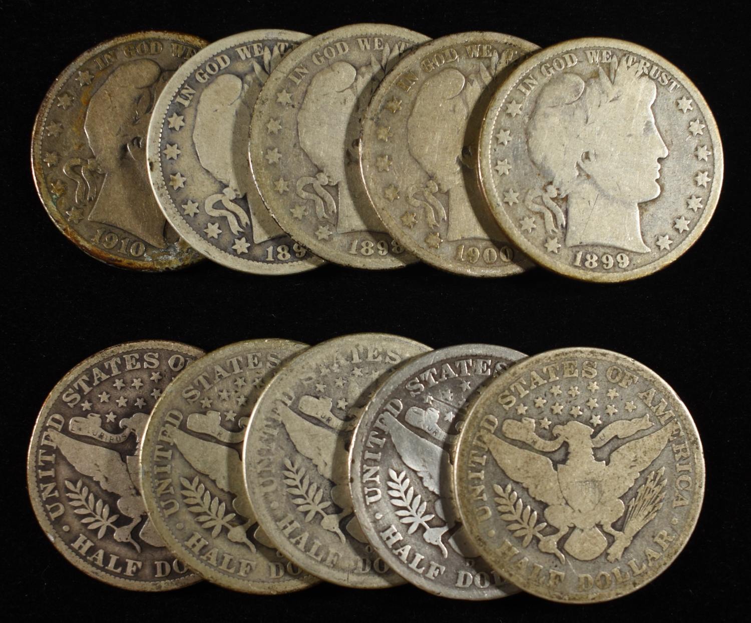 (10) 90% SILVER BARBER HALF DOLLARS