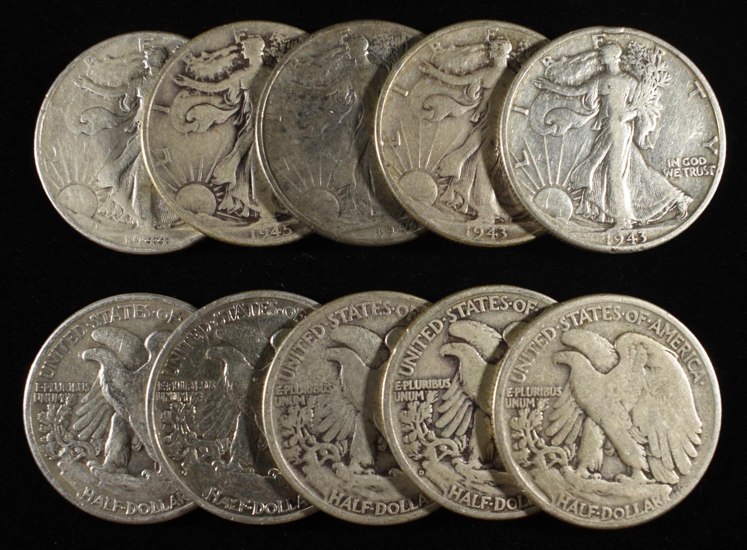 (10) 90% SILVER WALKING LIBERTY HALF DOLLARS