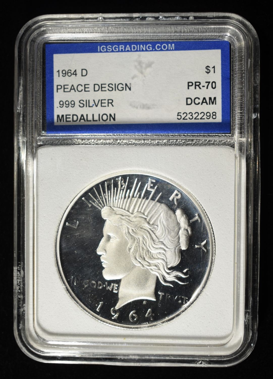 PEACE MEDAL .999 SILVER IGS PERFECT GEM PROOF DCAM