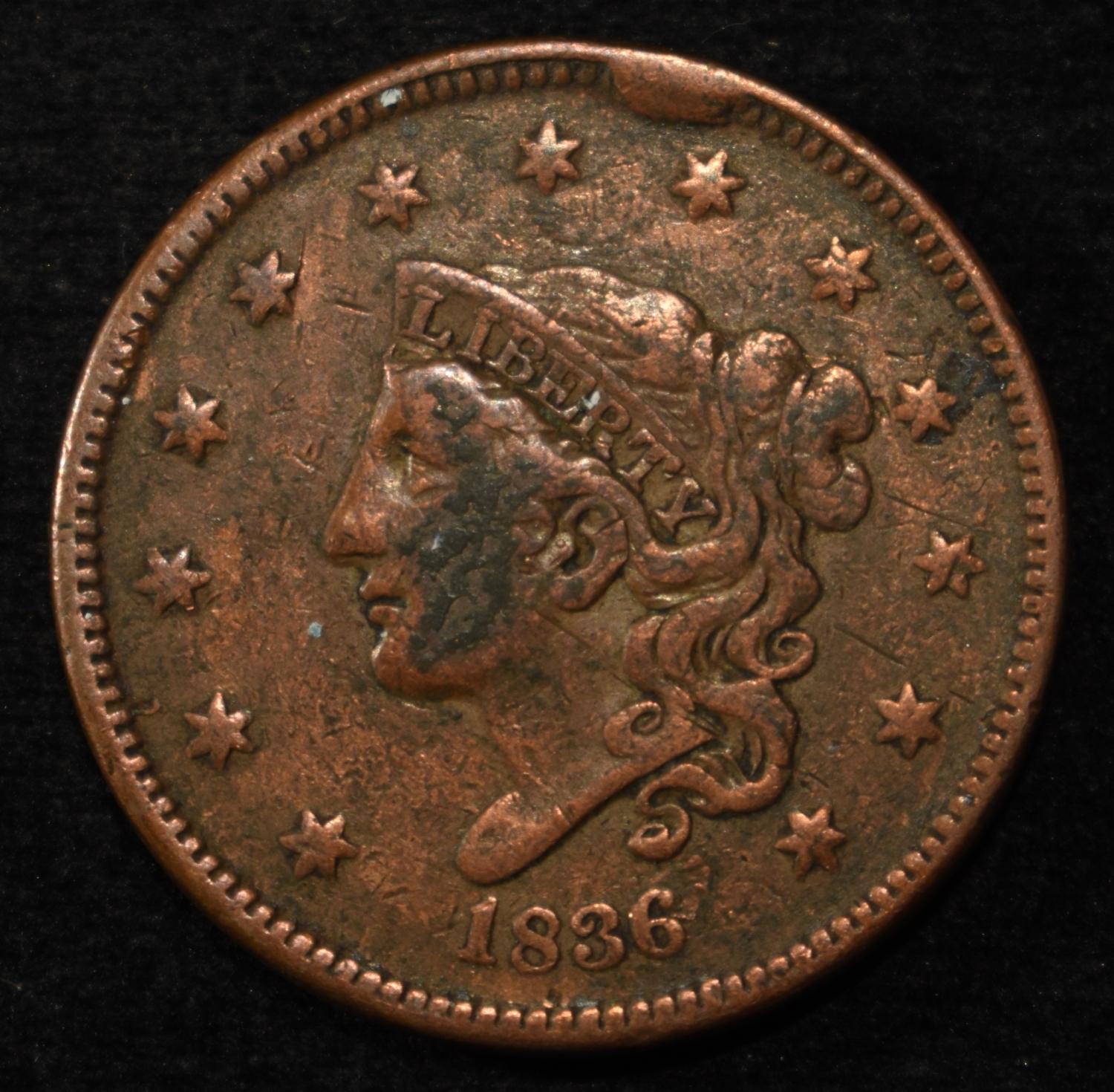 1836 LARGE CENT XF
