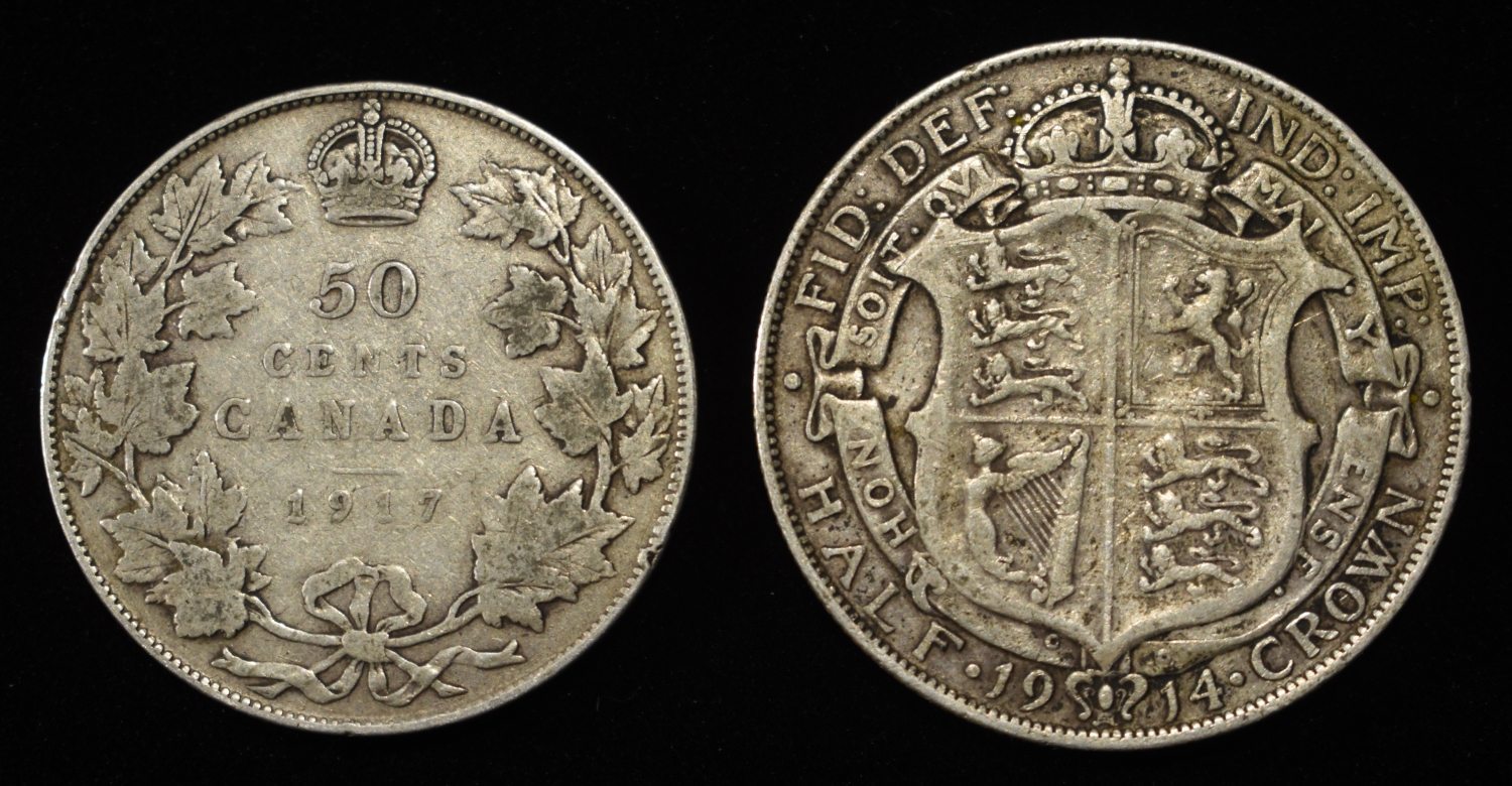 1914 1 CROWN & 1917 50 CENT FOREIGN 92.5% SILVER