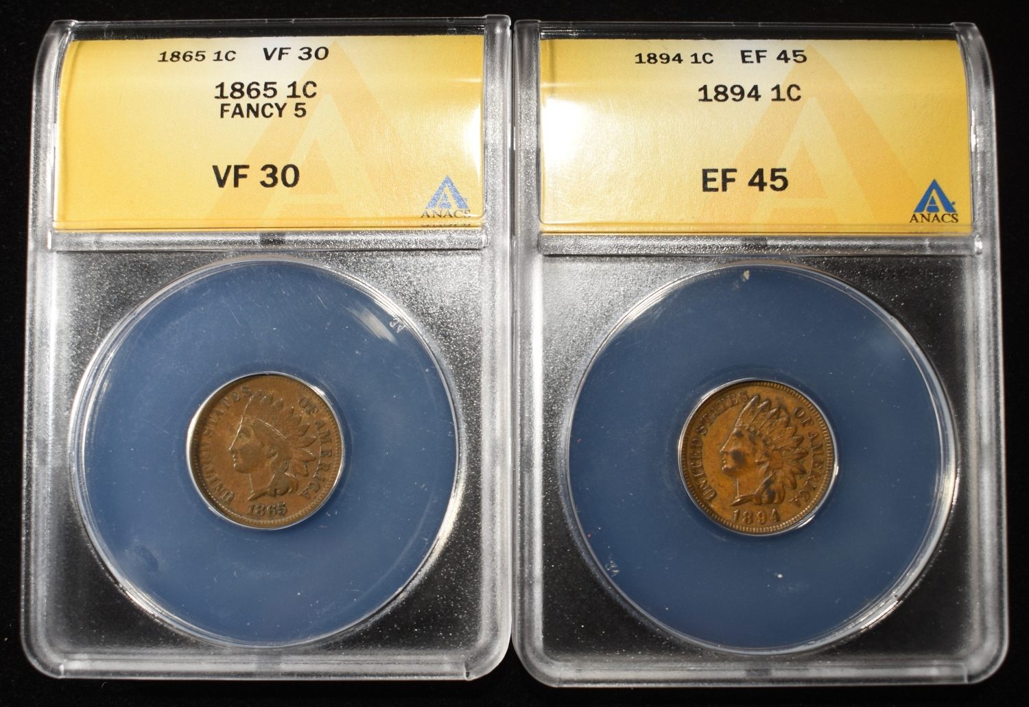 1865 & 1894 INDIAN HEAD CENTS ANACS EF45-VF30
