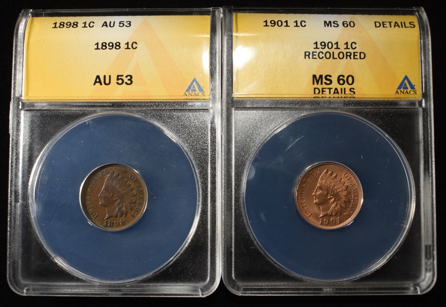 1898 & 1901 INDIAN HEAD CENTS ANACS AU-53-MS60